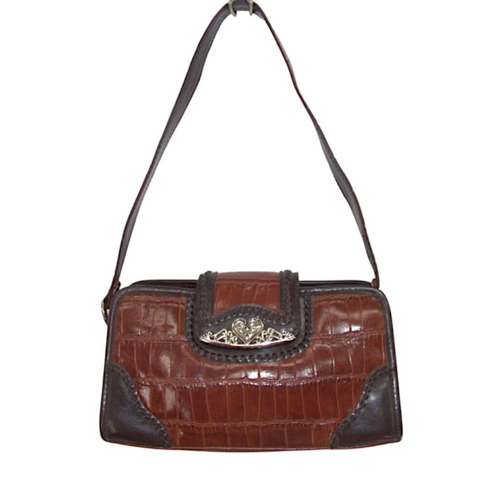 MC Brown Faux Croc Western Shoulder Bag Tooled Heart Clasp Key Fob